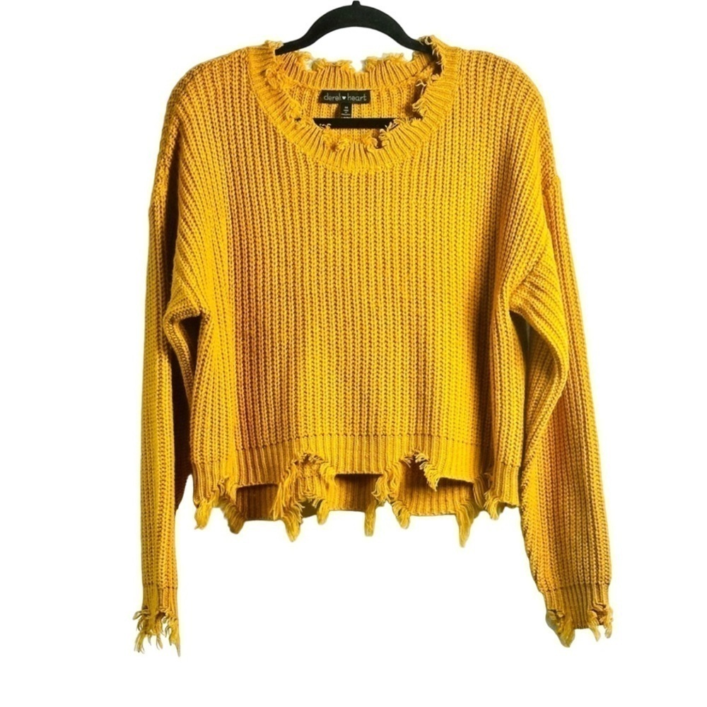 Derek Heart Women’s Sz Medium Mustard Distressed Long Sleeve Knit Sweater